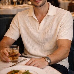 LOFT Ivory Knit Polo Top large men crochet